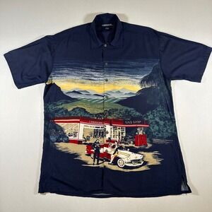 Vtg 90s Crossings Rayon Hawaiian Shirt L Gas Station Hot Rod Car‎ Rockabilly